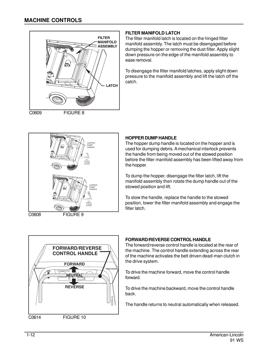 Nilfisk-ALTO 91WS manual Filter Manifold Latch, Hopper Dump Handle, FORWARD/REVERSE Control Handle 