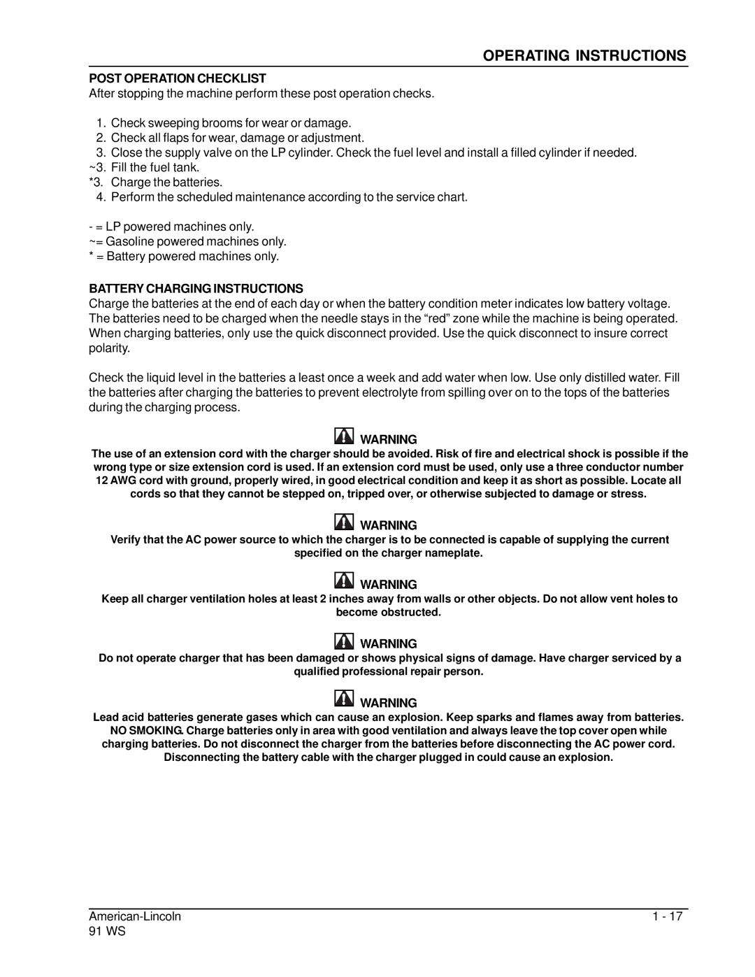 Nilfisk-ALTO 91WS manual Post Operation Checklist, Battery Charging Instructions 