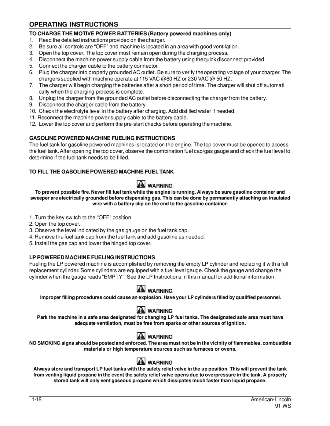 Nilfisk-ALTO 91WS manual Gasoline Powered Machine Fueling Instructions, To Fill the Gasoline Powered Machine Fuel Tank 