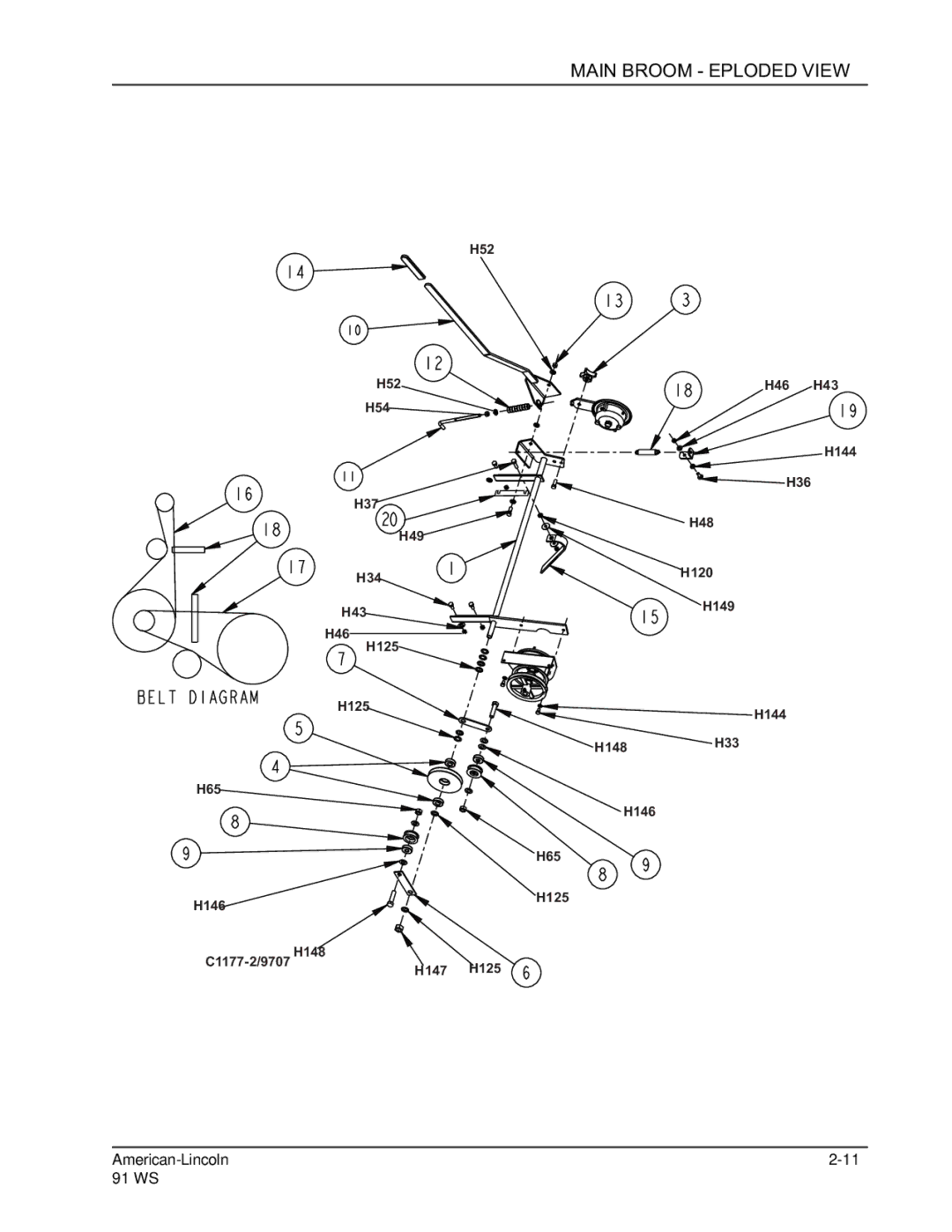 Nilfisk-ALTO 91WS manual Main Broom Exploded View 