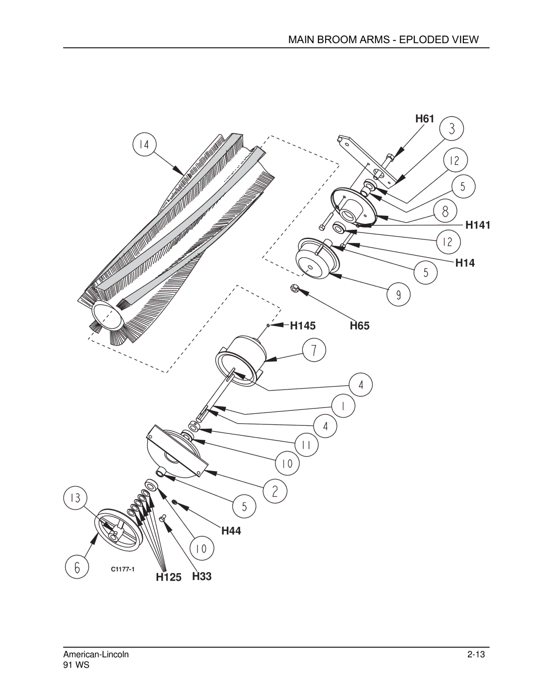 Nilfisk-ALTO 91WS manual Main Broom Arms Exploded View 