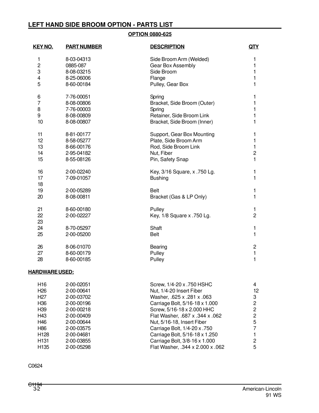 Nilfisk-ALTO 91WS manual Left Hand Side Broom Option Parts List, Part Number Description QTY 