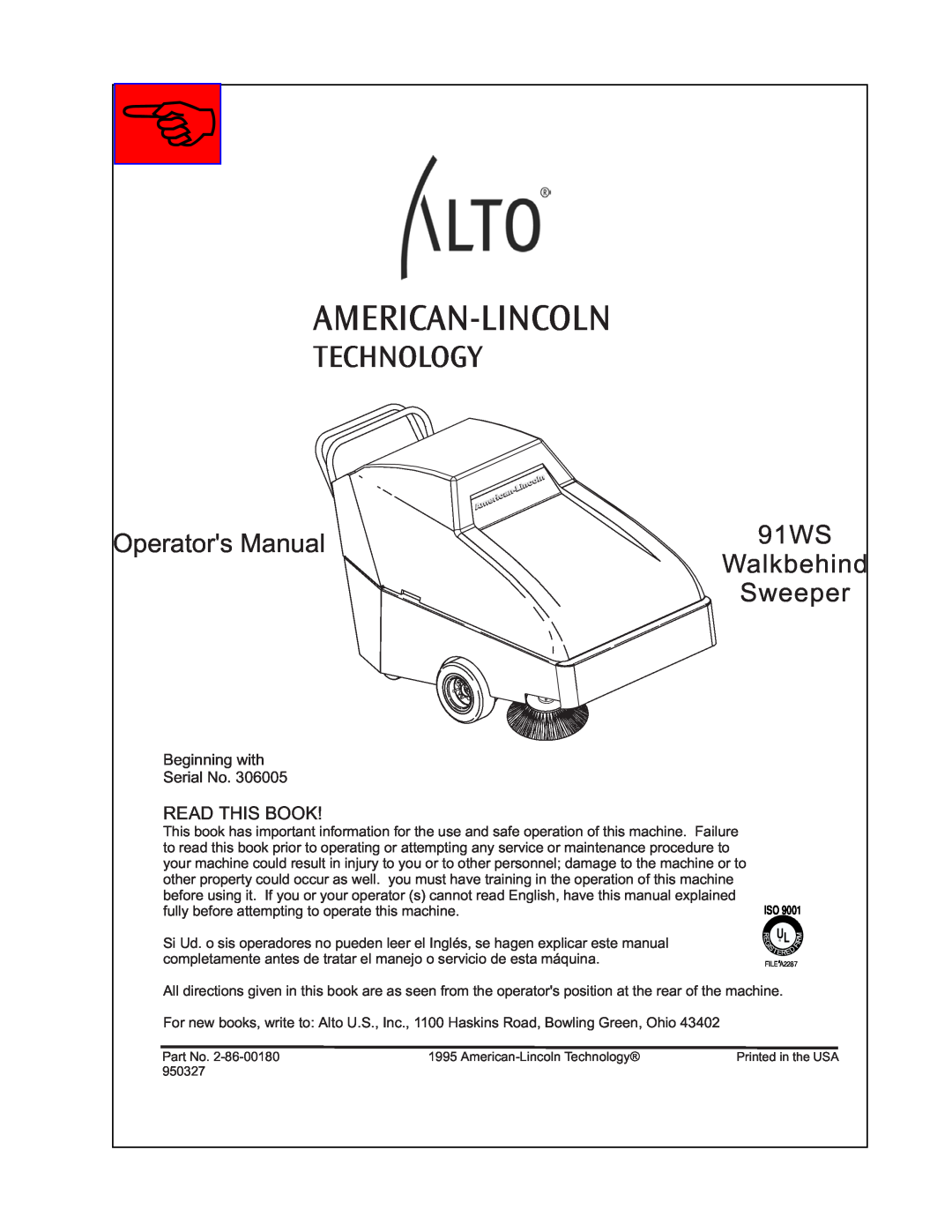 Nilfisk-ALTO 91WS manual American-Lincoln, Technology, Operators Manual, Walkbehind, Sweeper, Read This Book 