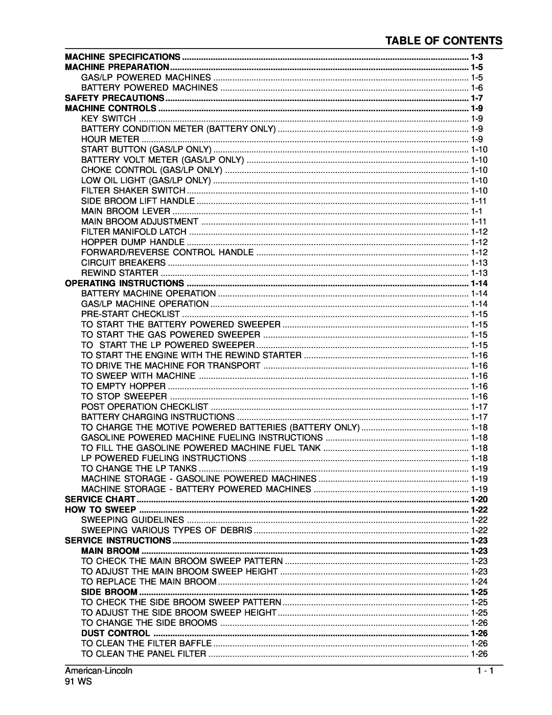 Nilfisk-ALTO 91WS manual Table Of Contents, 1-14, 1-20, 1-22, 1-23, 1-25, 1-26 