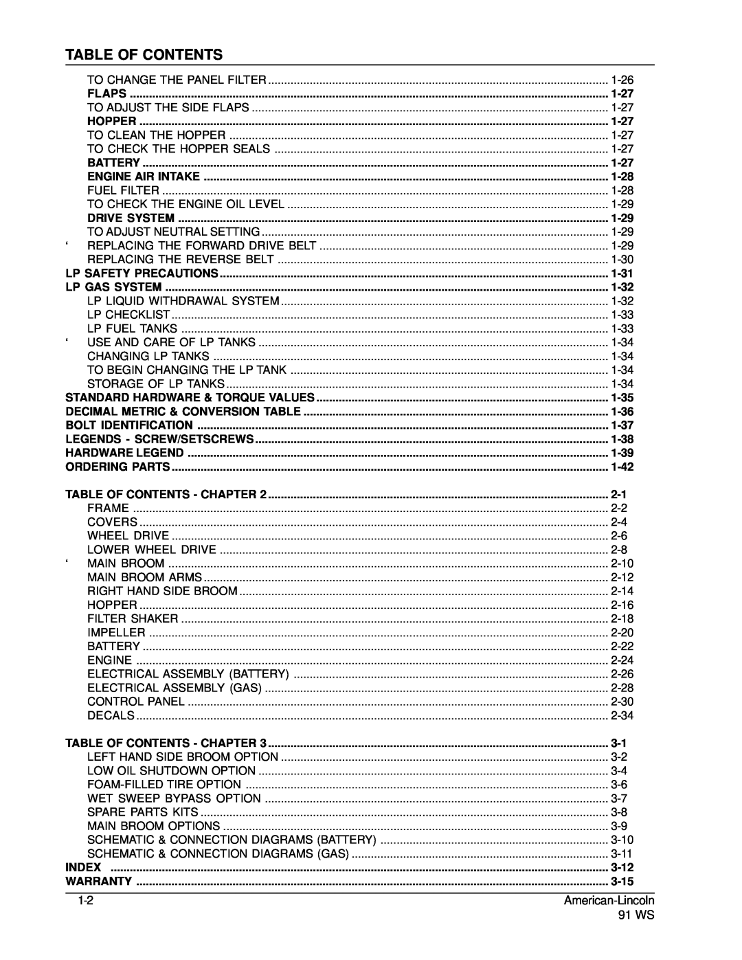 Nilfisk-ALTO 91WS manual Table Of Contents, 1-27, 1-28, 1-29, 1-31, 1-32, 1-35, 1-36, 1-37, 1-38, 1-39, 1-42, 3-12, 3-15 