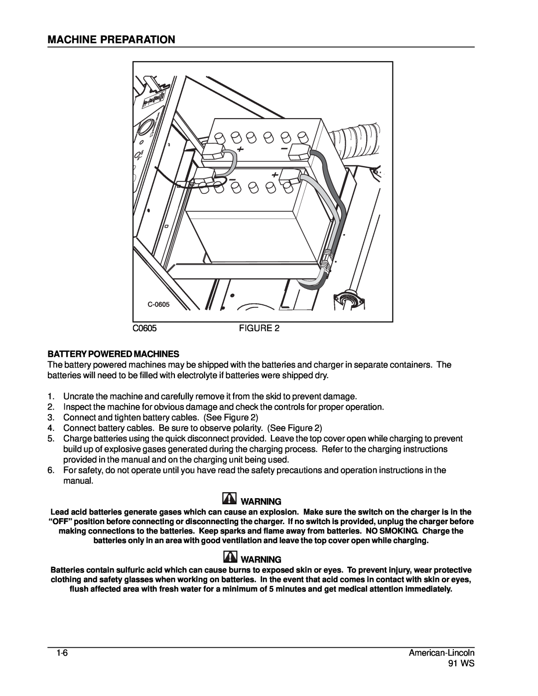 Nilfisk-ALTO 91WS manual Machine Preparation, Battery Powered Machines 