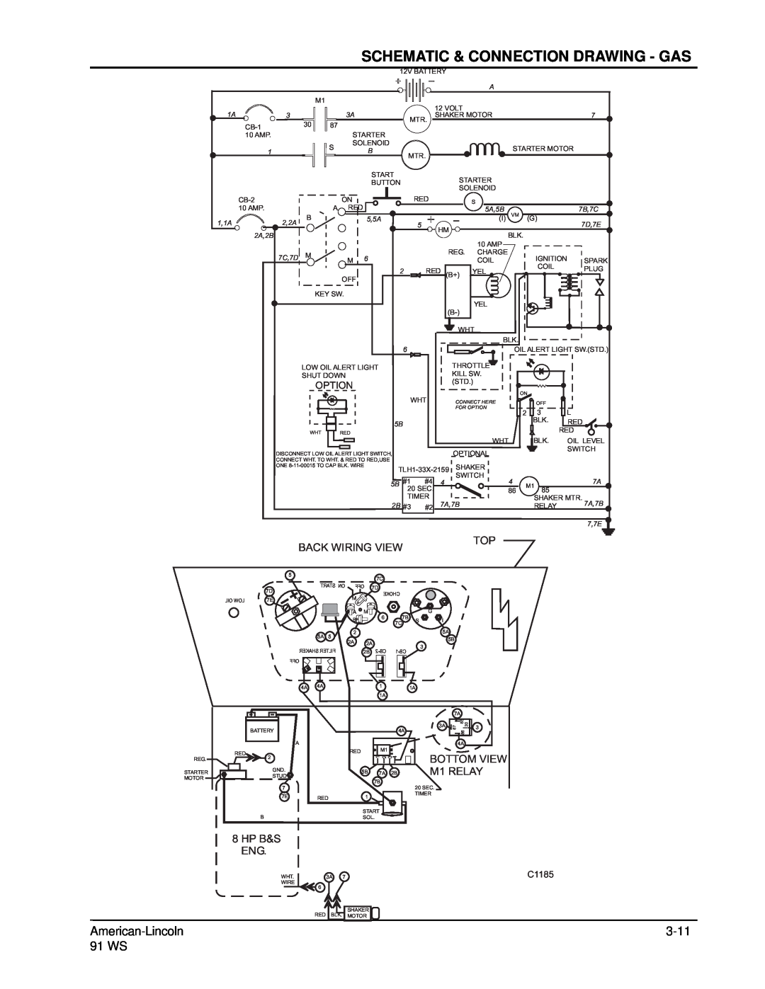 Nilfisk-ALTO 91WS manual Schematic & Connection Drawing - Gas, Back Wiring View, BOTTOM VIEW M1 RELAY, Hp B&S Eng 