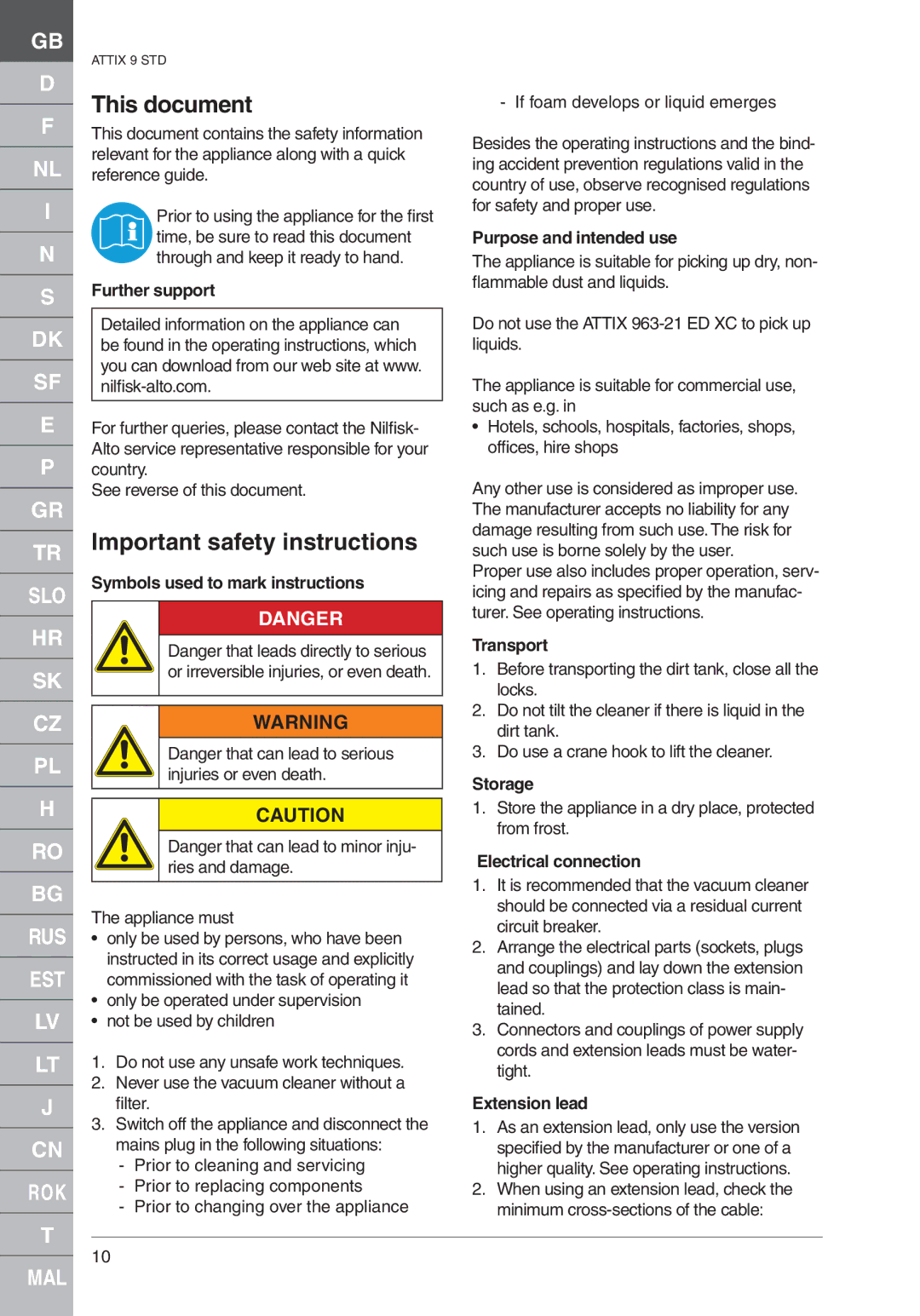 Nilfisk-ALTO ATTIX 961-01 quick start This document, Important safety instructions 