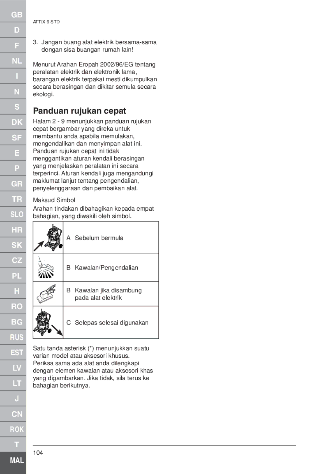 Nilfisk-ALTO ATTIX 961-01 quick start Panduan rujukan cepat, Maksud Simbol 