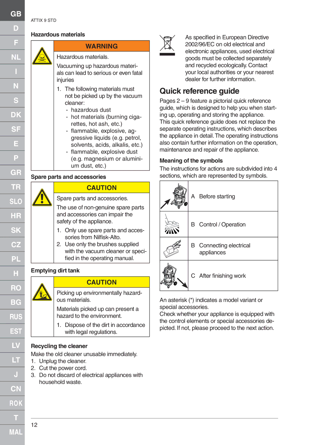 Nilfisk-ALTO ATTIX 961-01 quick start Quick reference guide 