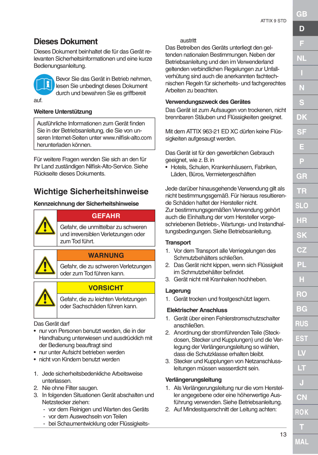 Nilfisk-ALTO ATTIX 961-01 quick start Dieses Dokument, Wichtige Sicherheitshinweise, Gefahr, Warnung, Vorsicht 