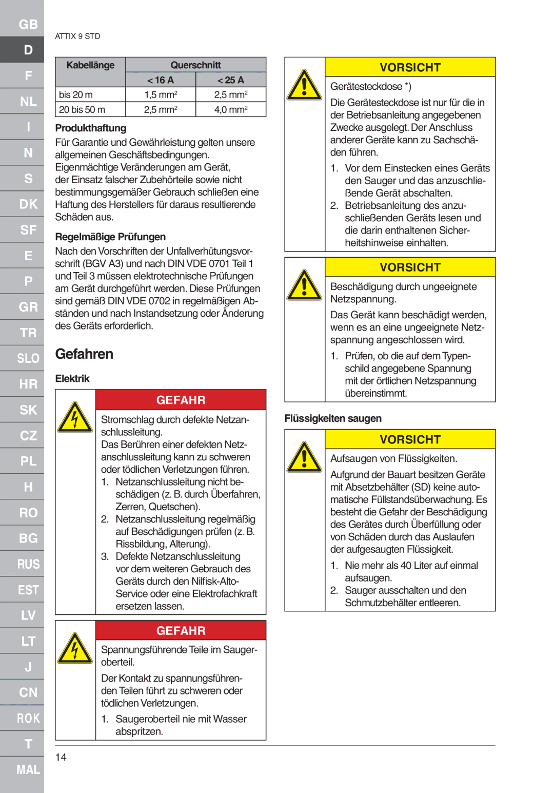 Nilfisk-ALTO ATTIX 961-01 quick start Gefahren, Produkthaftung, Regelmäßige Prüfungen, Elektrik, Flüssigkeiten saugen 