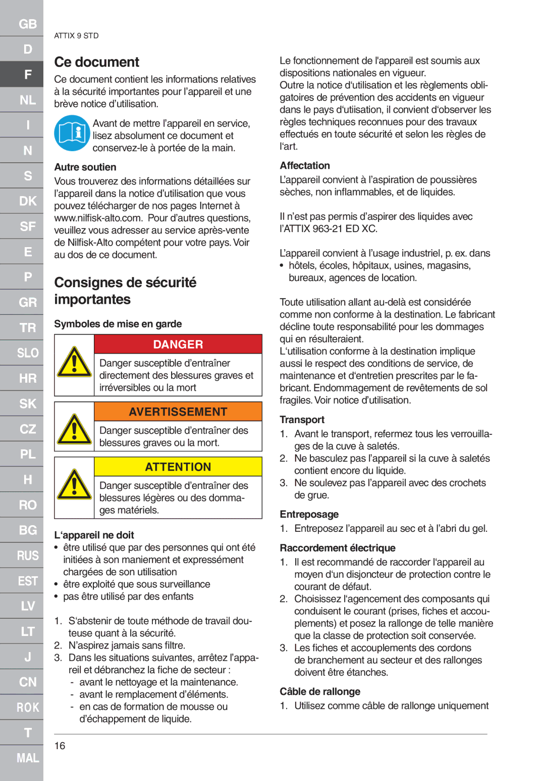 Nilfisk-ALTO ATTIX 961-01 quick start Ce document, Consignes de sécurité importantes, Avertissement 