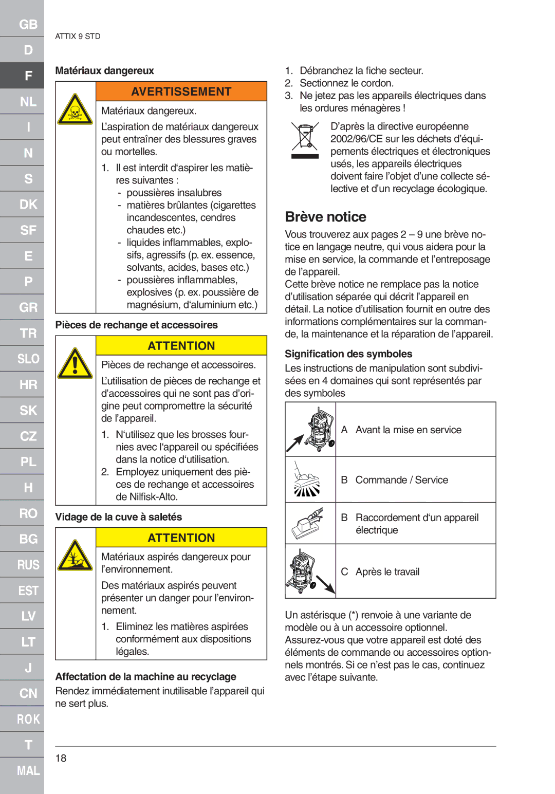 Nilfisk-ALTO ATTIX 961-01 quick start Brève notice 