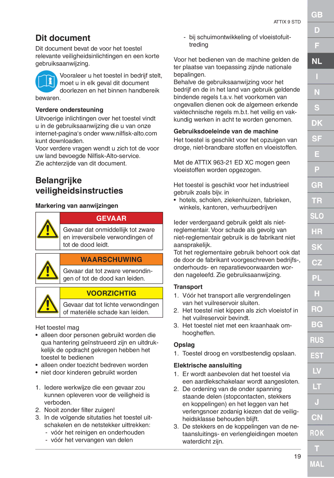 Nilfisk-ALTO ATTIX 961-01 quick start Dit document, Belangrijke veiligheidsinstructies, Gevaar, Waarschuwing, Voorzichtig 