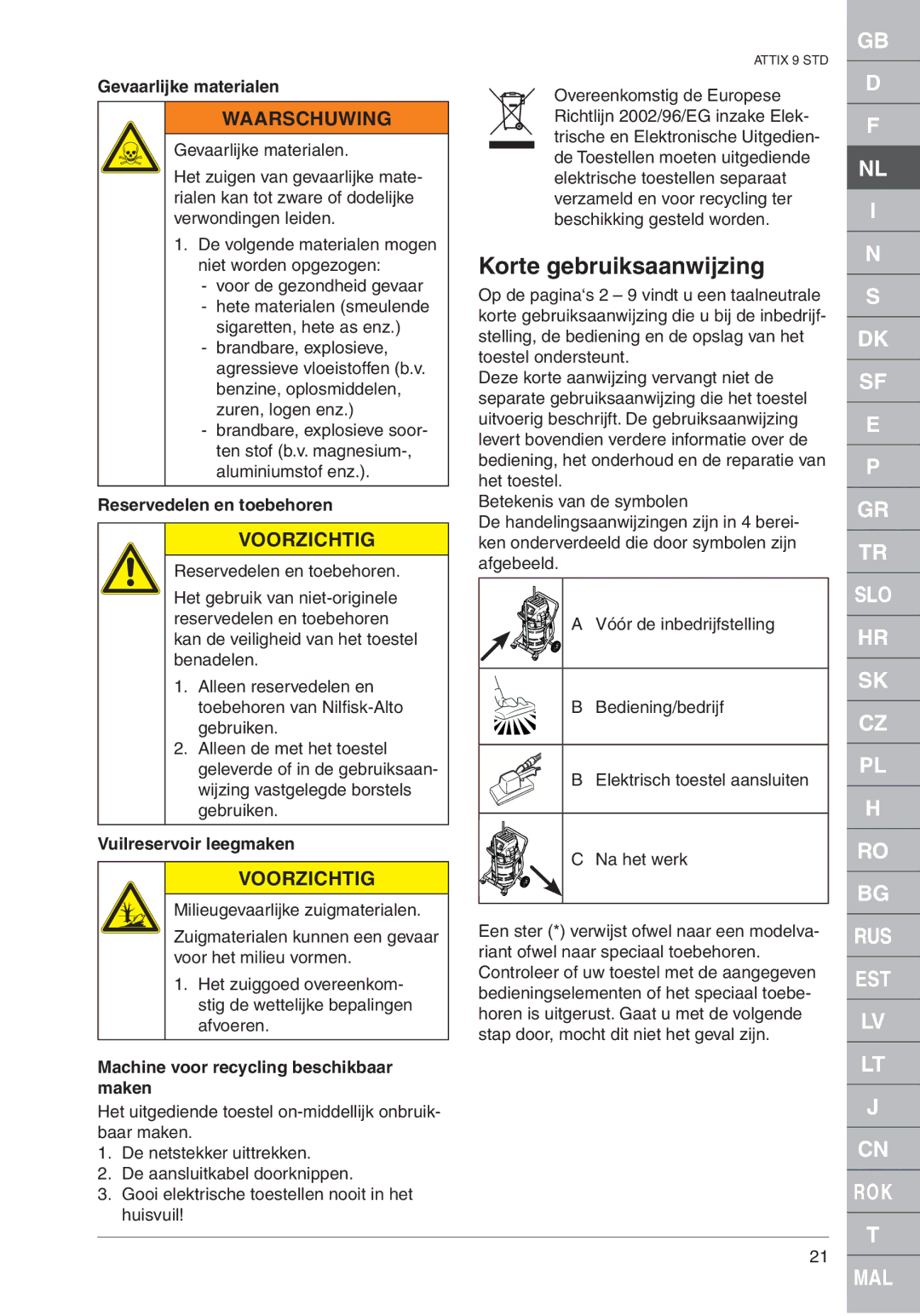 Nilfisk-ALTO ATTIX 961-01 quick start Korte gebruiksaanwijzing, Gevaarlijke materialen, Reservedelen en toebehoren 