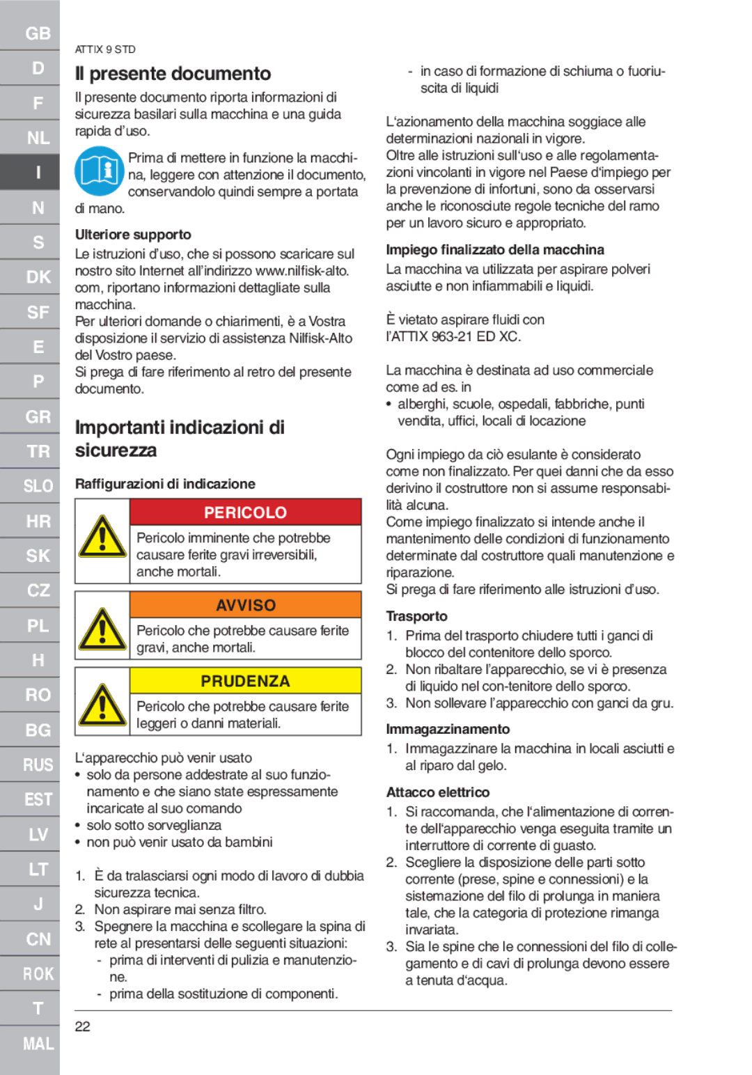 Nilfisk-ALTO ATTIX 961-01 Il presente documento, Importanti indicazioni di sicurezza, Pericolo, Avviso, Prudenza 