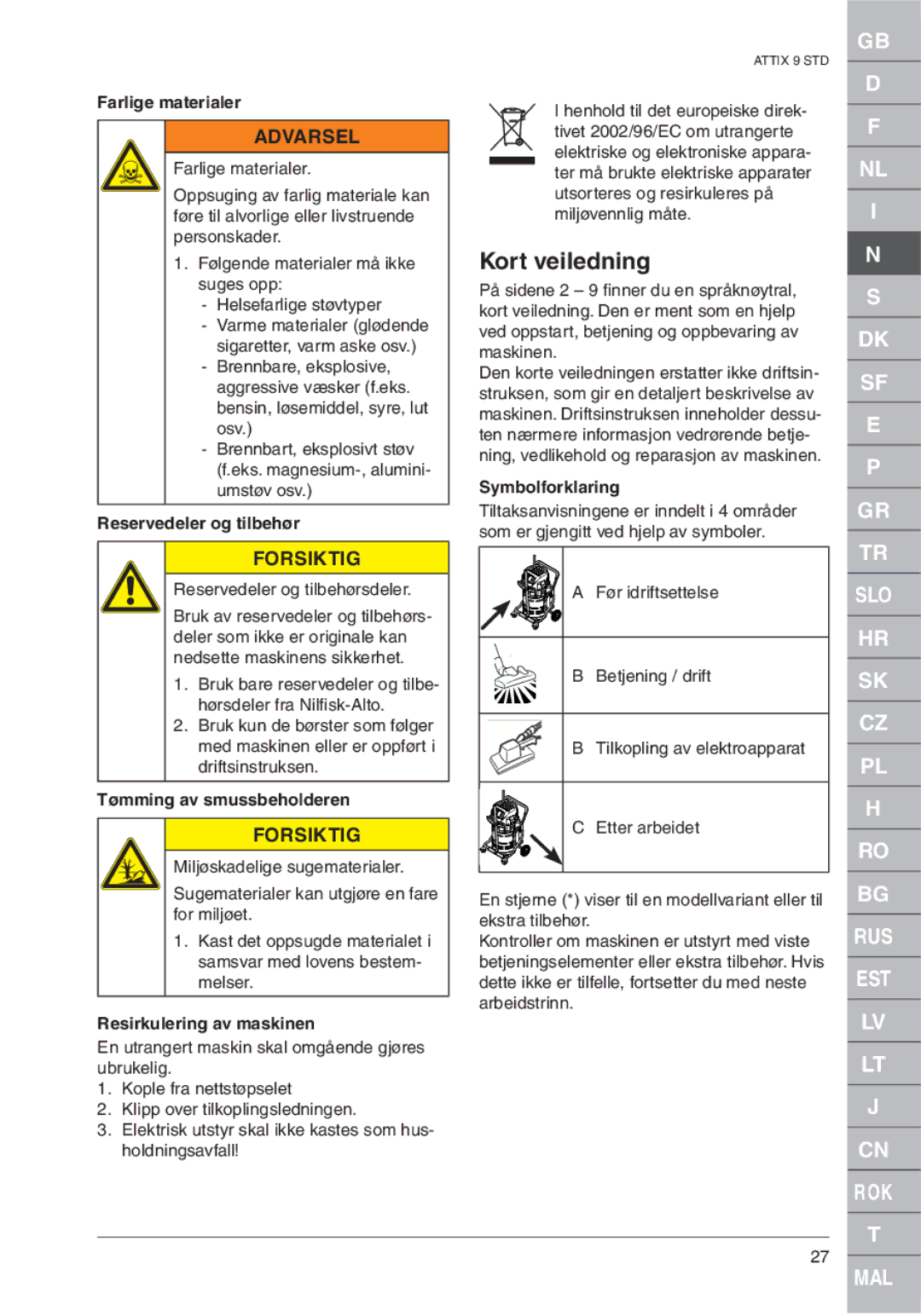 Nilfisk-ALTO ATTIX 961-01 quick start Kort veiledning 