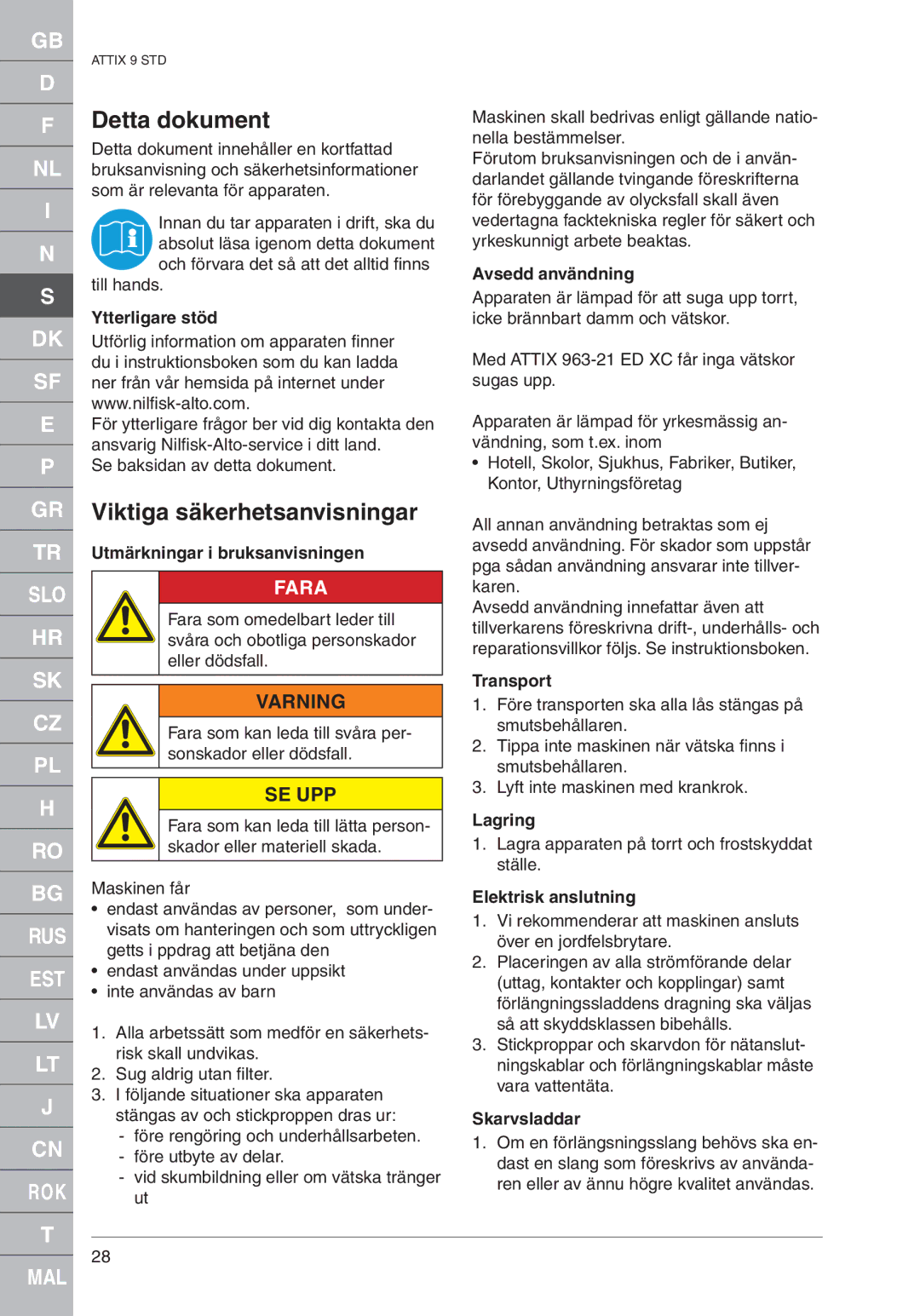 Nilfisk-ALTO ATTIX 961-01 quick start Detta dokument, Viktiga säkerhetsanvisningar, Fara, Varning, Se Upp 