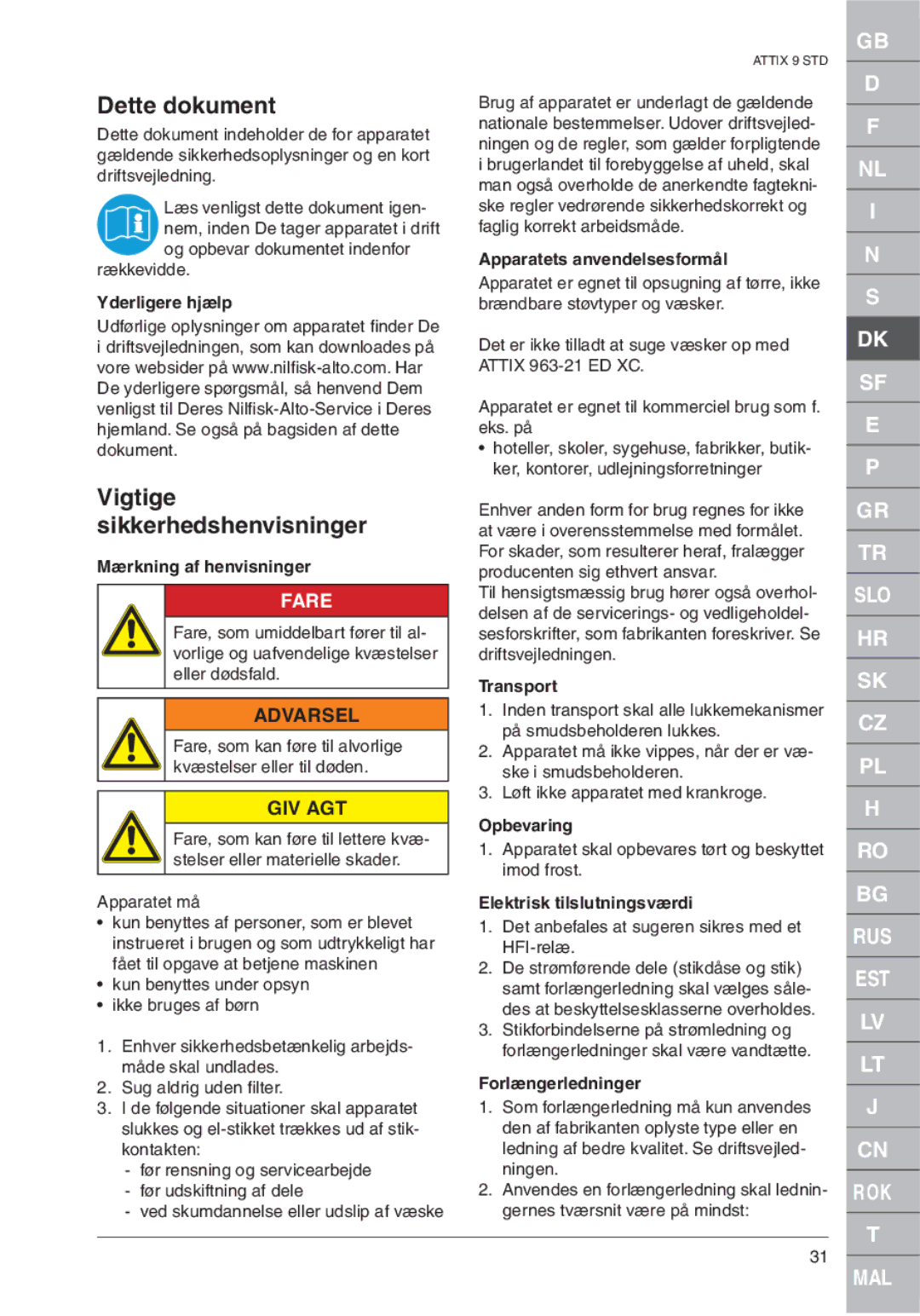 Nilfisk-ALTO ATTIX 961-01 quick start Dette dokument, Vigtige sikkerhedshenvisninger, Giv Agt 