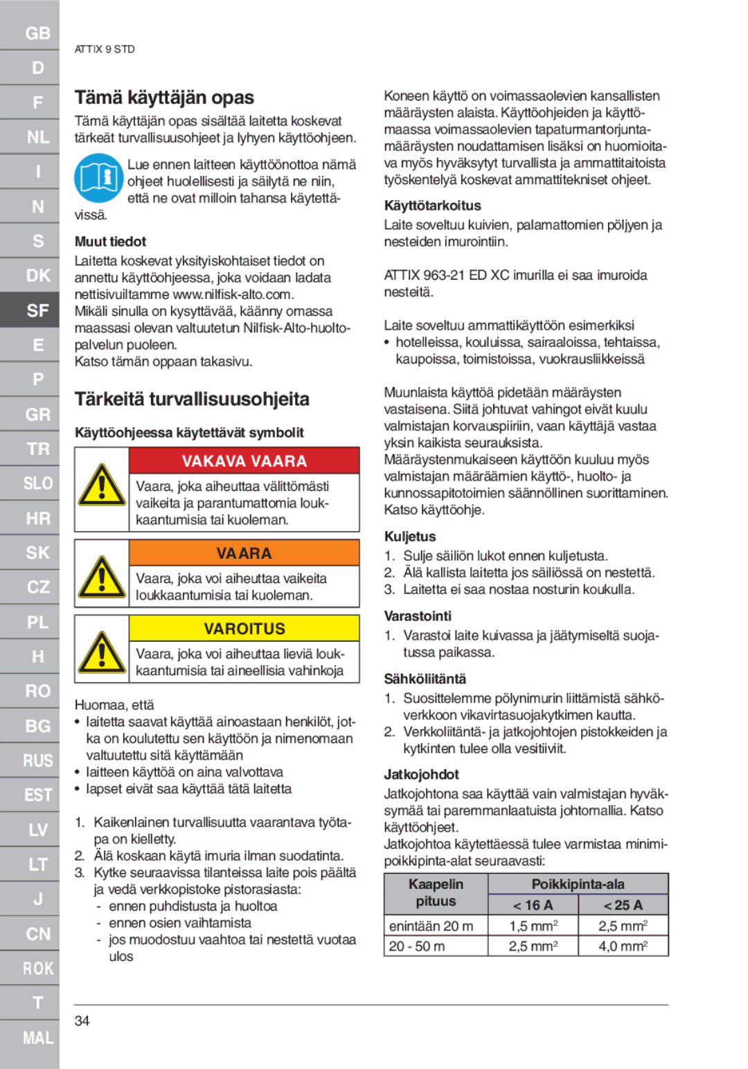 Nilfisk-ALTO ATTIX 961-01 quick start Tämä käyttäjän opas, Tärkeitä turvallisuusohjeita, Vakava Vaara, Varoitus 