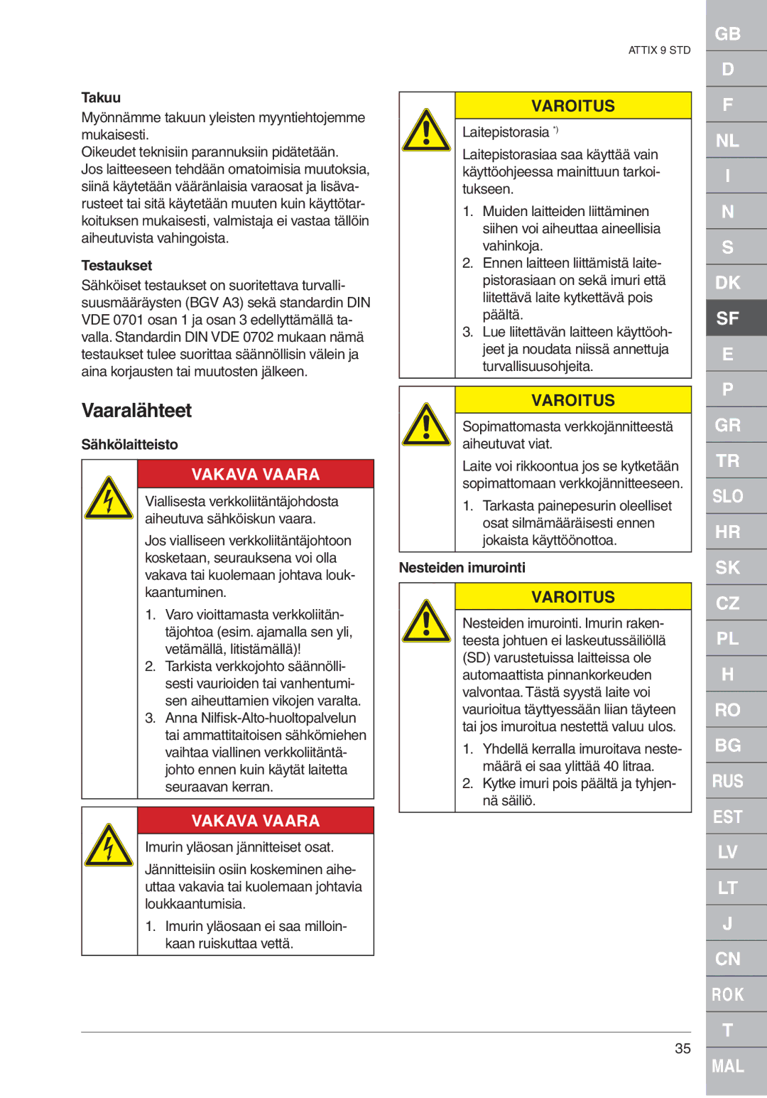 Nilfisk-ALTO ATTIX 961-01 quick start Vaaralähteet, Takuu, Testaukset, Sähkölaitteisto, Nesteiden imurointi 