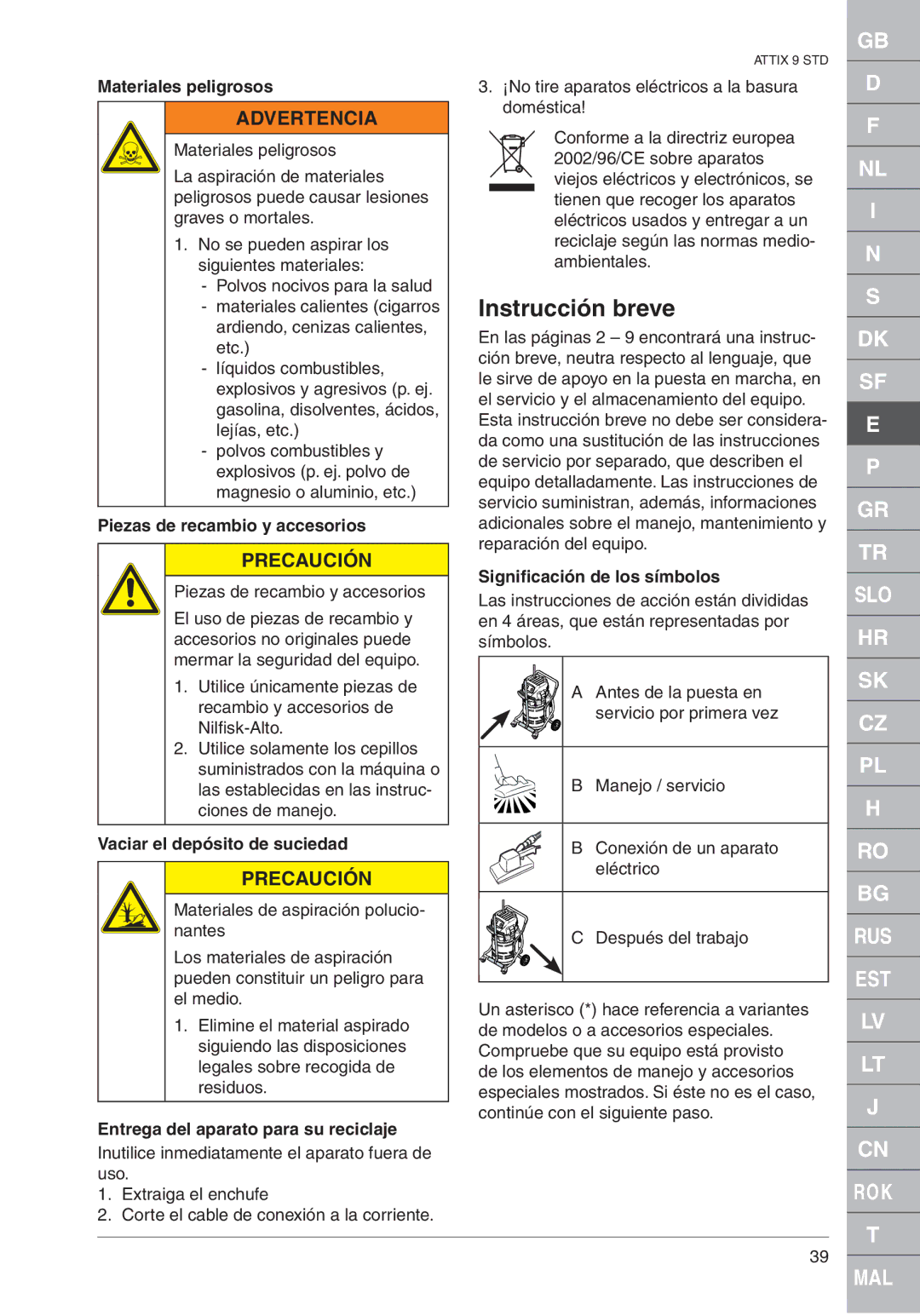 Nilfisk-ALTO ATTIX 961-01 quick start Instrucción breve 