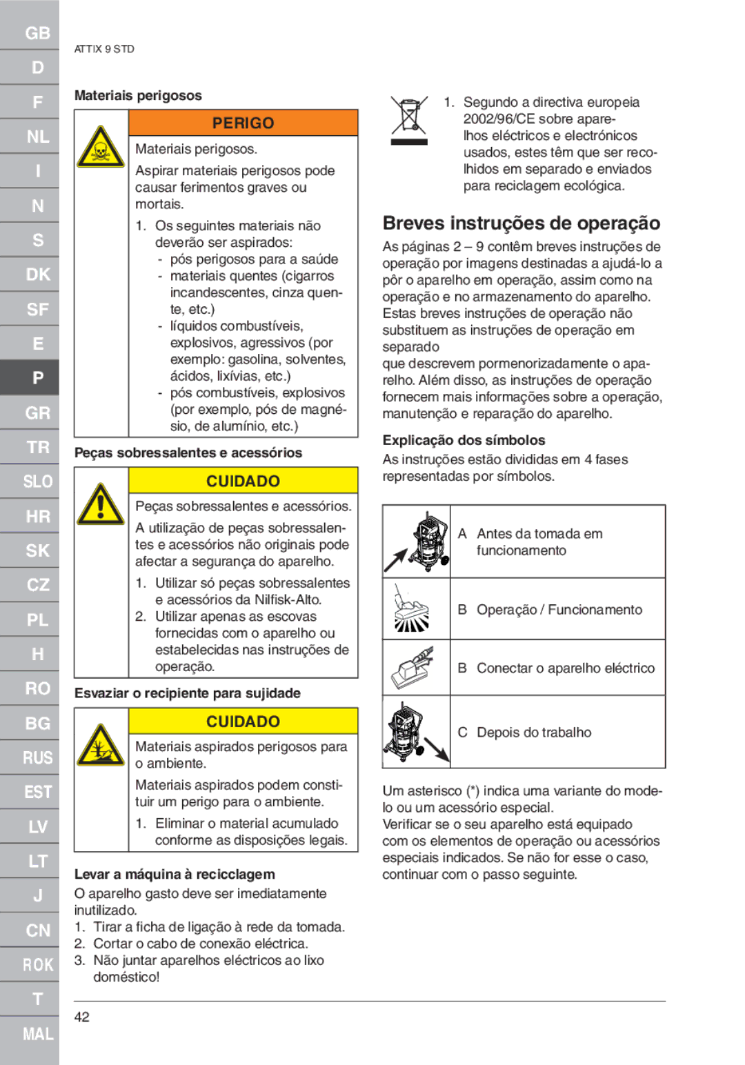 Nilfisk-ALTO ATTIX 961-01 quick start Breves instruções de operação, Perigo 