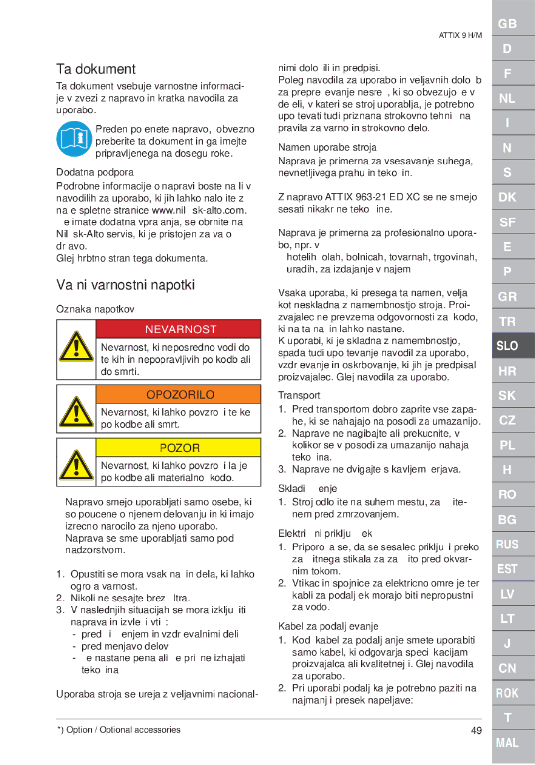 Nilfisk-ALTO ATTIX 961-01 quick start Ta dokument, Važni varnostni napotki, Nevarnost, Opozorilo, Pozor 