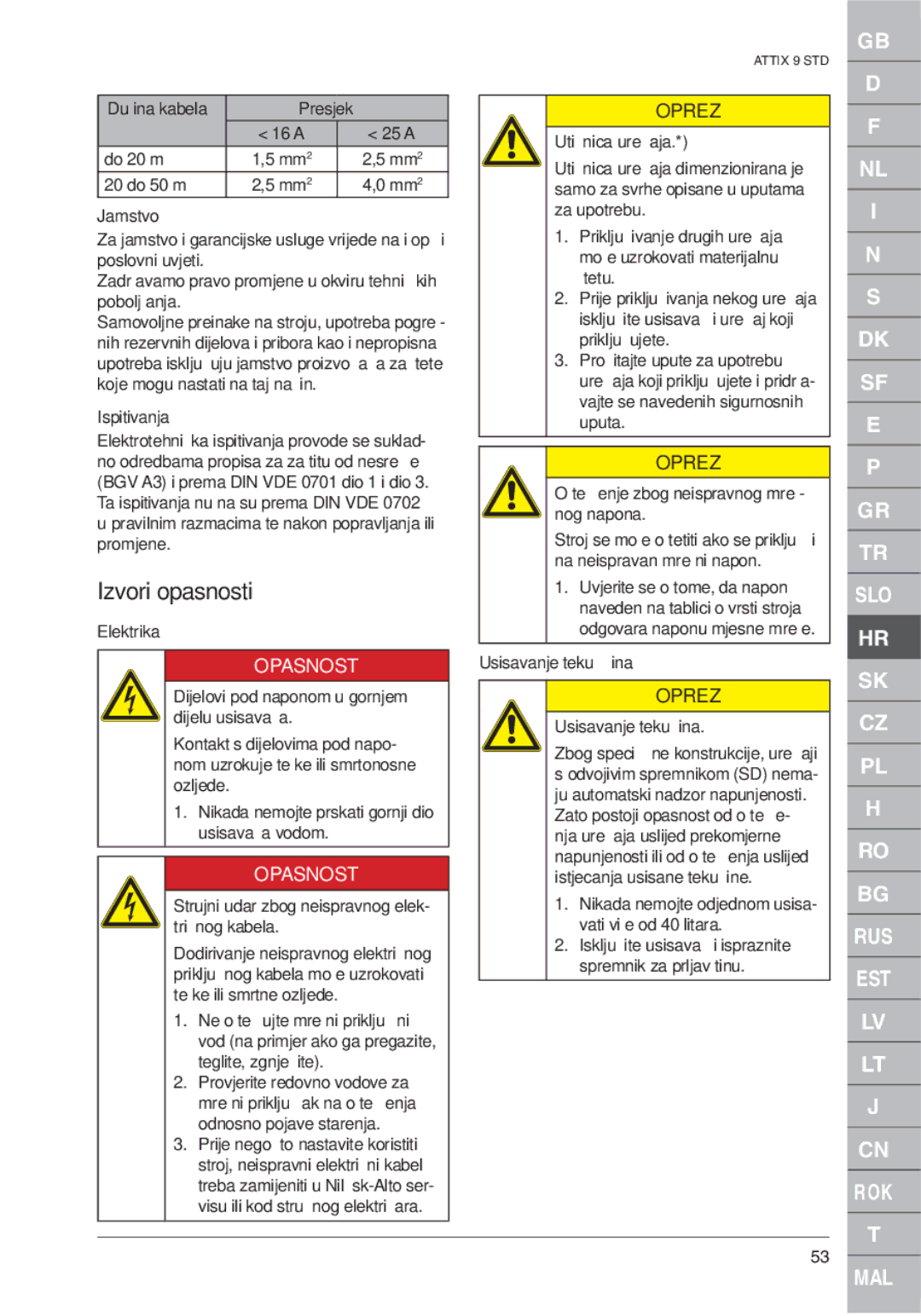 Nilfisk-ALTO ATTIX 961-01 quick start Izvori opasnosti, Presjek, Jamstvo, Ispitivanja, Usisavanje tekućina 