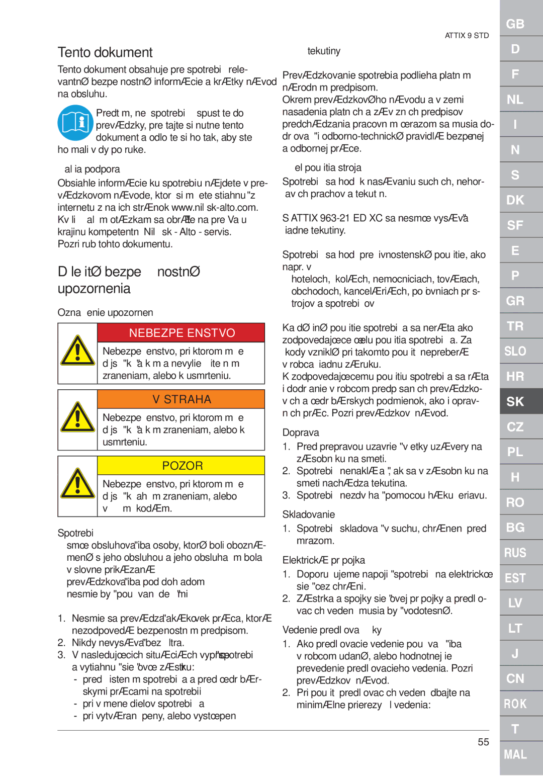 Nilfisk-ALTO ATTIX 961-01 quick start Tento dokument, Nebezpečenstvo, Výstraha 