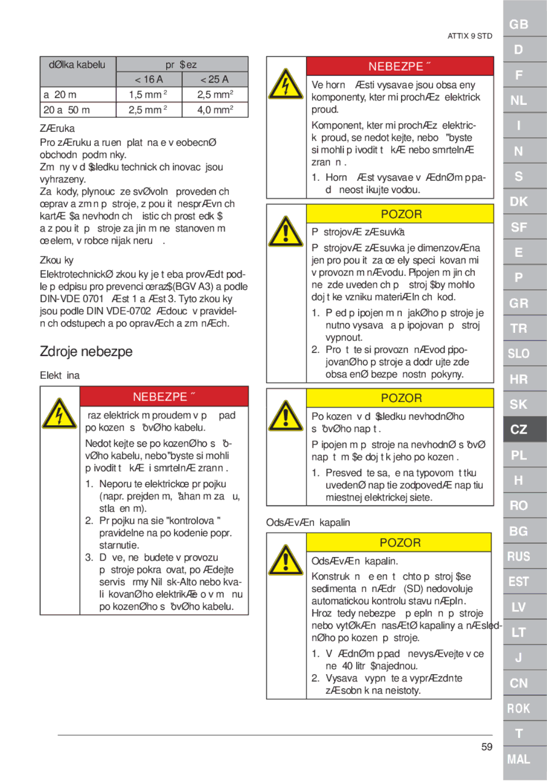 Nilfisk-ALTO ATTIX 961-01 quick start Zdroje nebezpečí, Délka kabelu Průřez, Zkoušky, Elektřina, Odsávání kapalin 