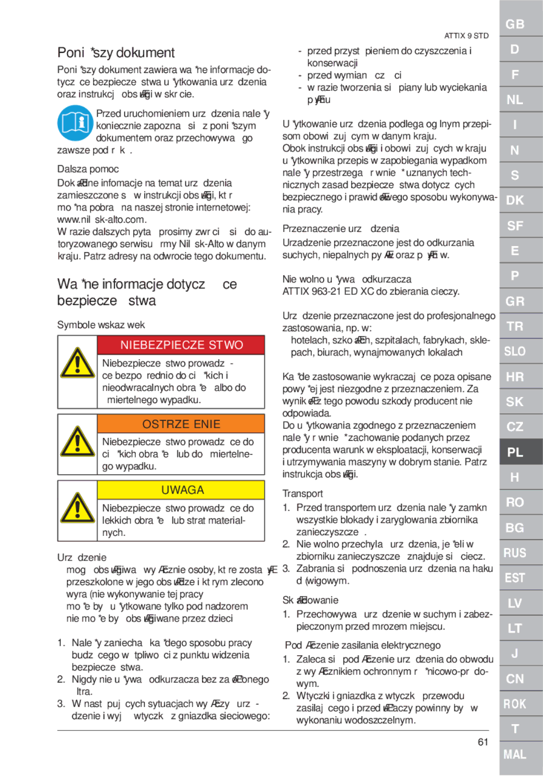 Nilfisk-ALTO ATTIX 961-01 Poniższy dokument, Ważne informacje dotyczące bezpieczeństwa, Niebezpieczeństwo, Ostrzeżenie 