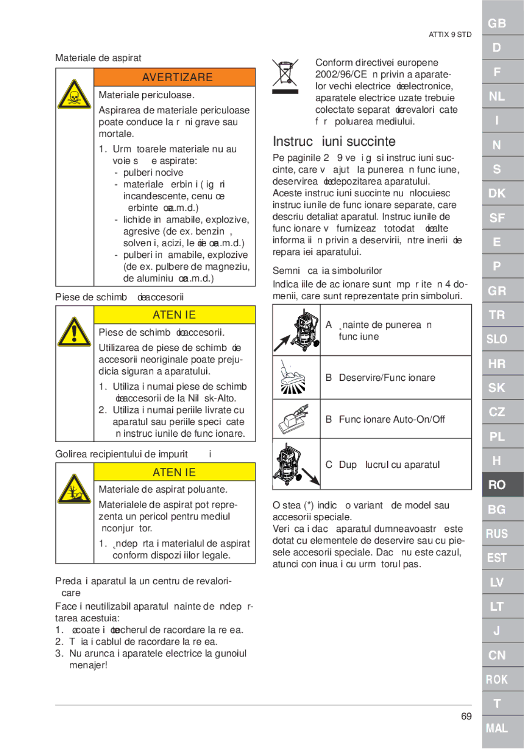 Nilfisk-ALTO ATTIX 961-01 quick start Instrucţiuni succinte 