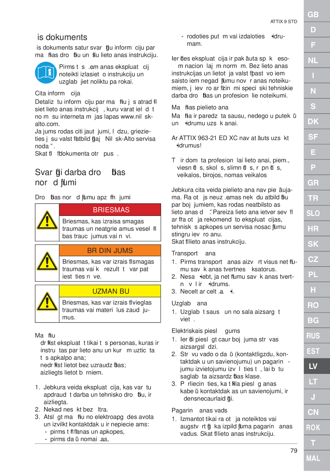 Nilfisk-ALTO ATTIX 961-01 quick start Šis dokuments, Svarīgi darba drošības norādījumi, Briesmas, Brīdinājums, Uzmanību 