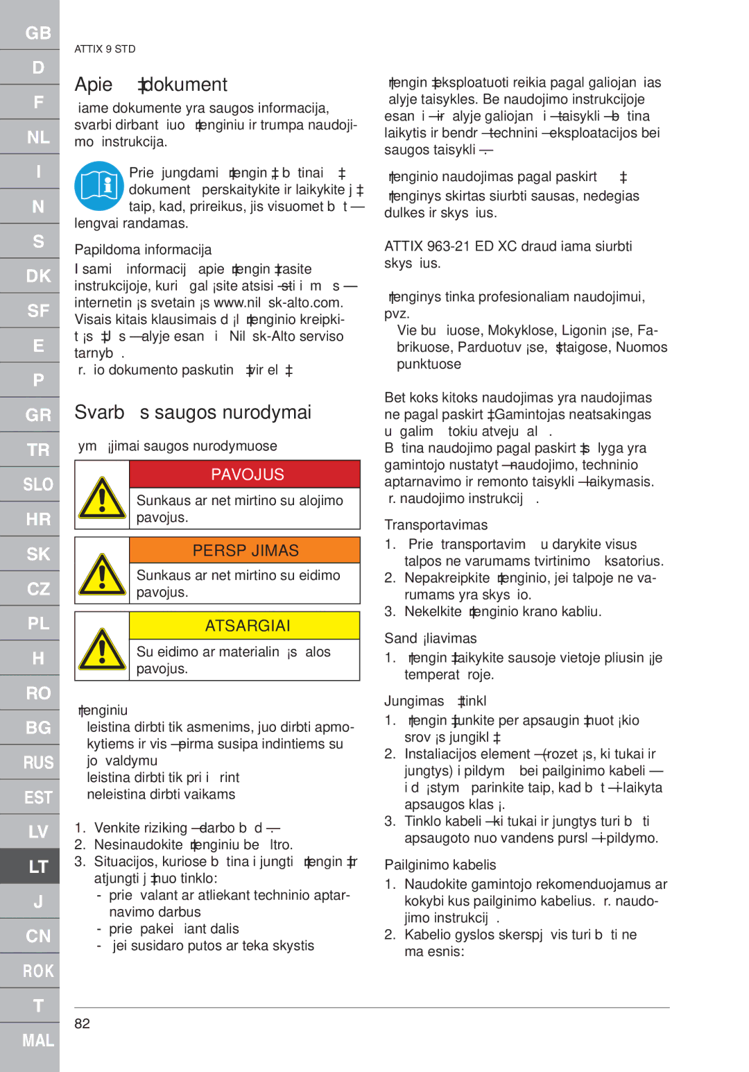 Nilfisk-ALTO ATTIX 961-01 quick start Apie šį dokumentą, Svarbūs saugos nurodymai, Pavojus, Perspėjimas, Atsargiai 