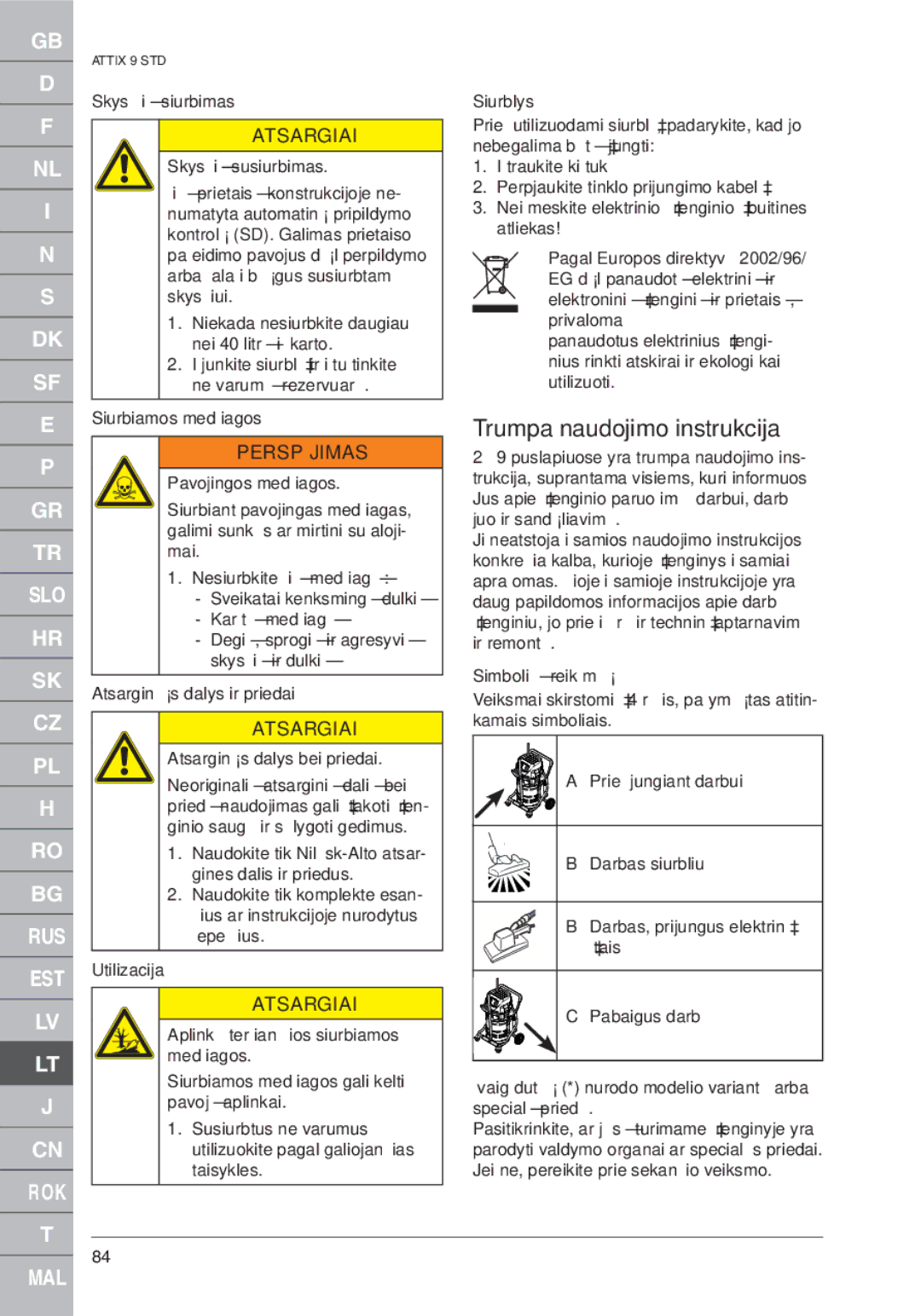 Nilfisk-ALTO ATTIX 961-01 quick start Trumpa naudojimo instrukcija 