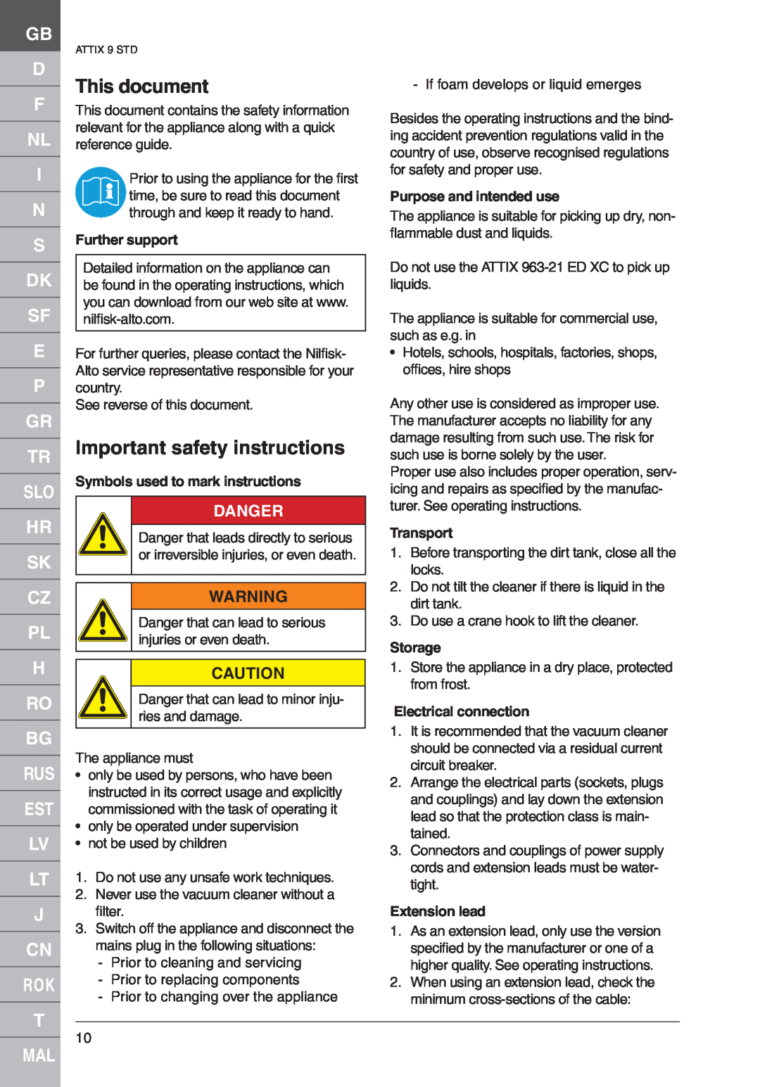 Nilfisk-ALTO 961-01 This document, Important safety instructions, Gb D F Nl I N S Dk Sf E P Gr Tr Slo Hr Sk Cz Pl H 