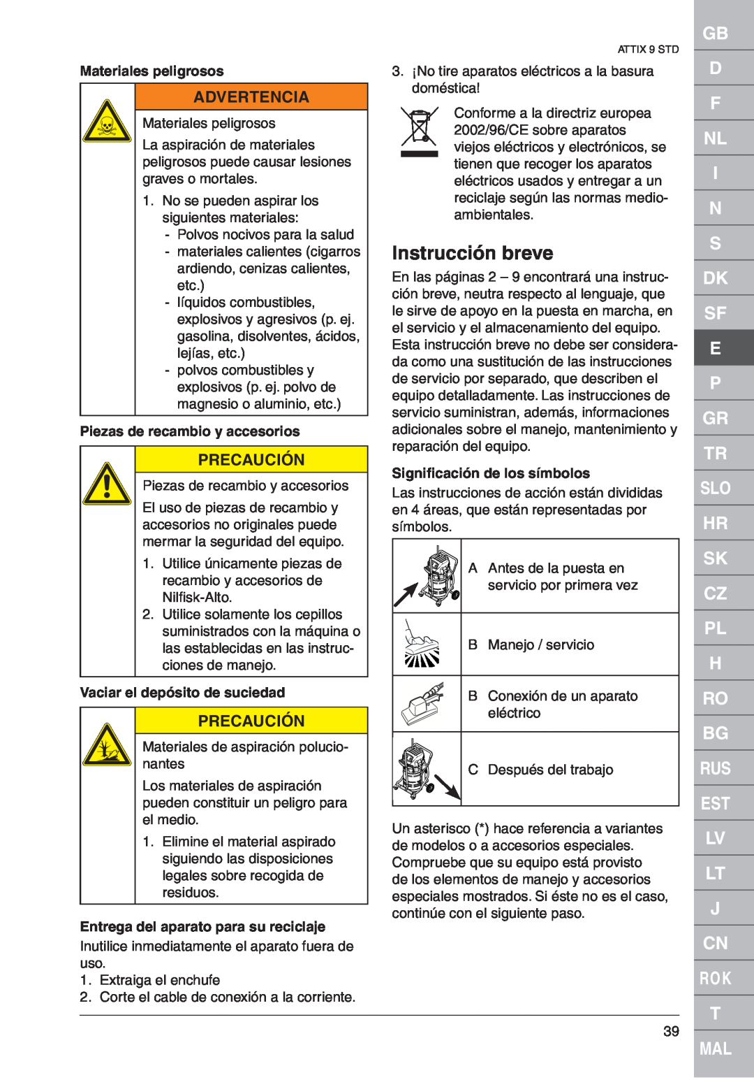 Nilfisk-ALTO ATTIX 961-01 Instrucción breve, Materiales peligrosos, Piezas de recambio y accesorios, Advertencia 
