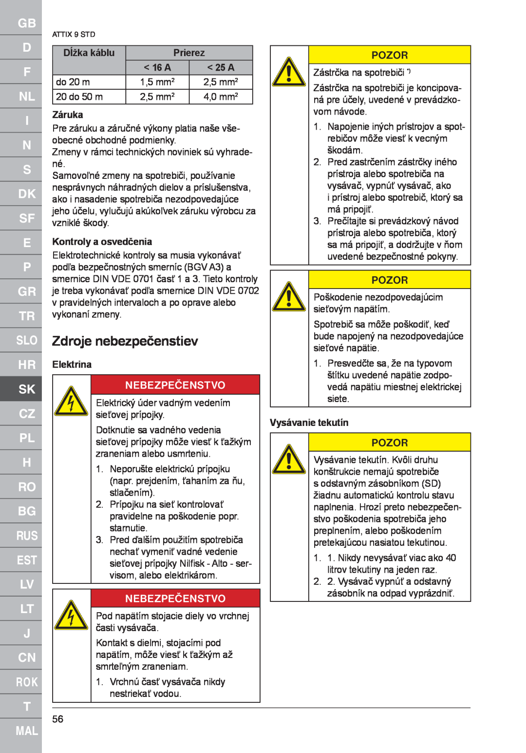 Nilfisk-ALTO 961-01 Zdroje nebezpečenstiev, Dĺžka káblu, Prierez, Záruka, Kontroly a osvedčenia, Elektrina, Nebezpečenstvo 