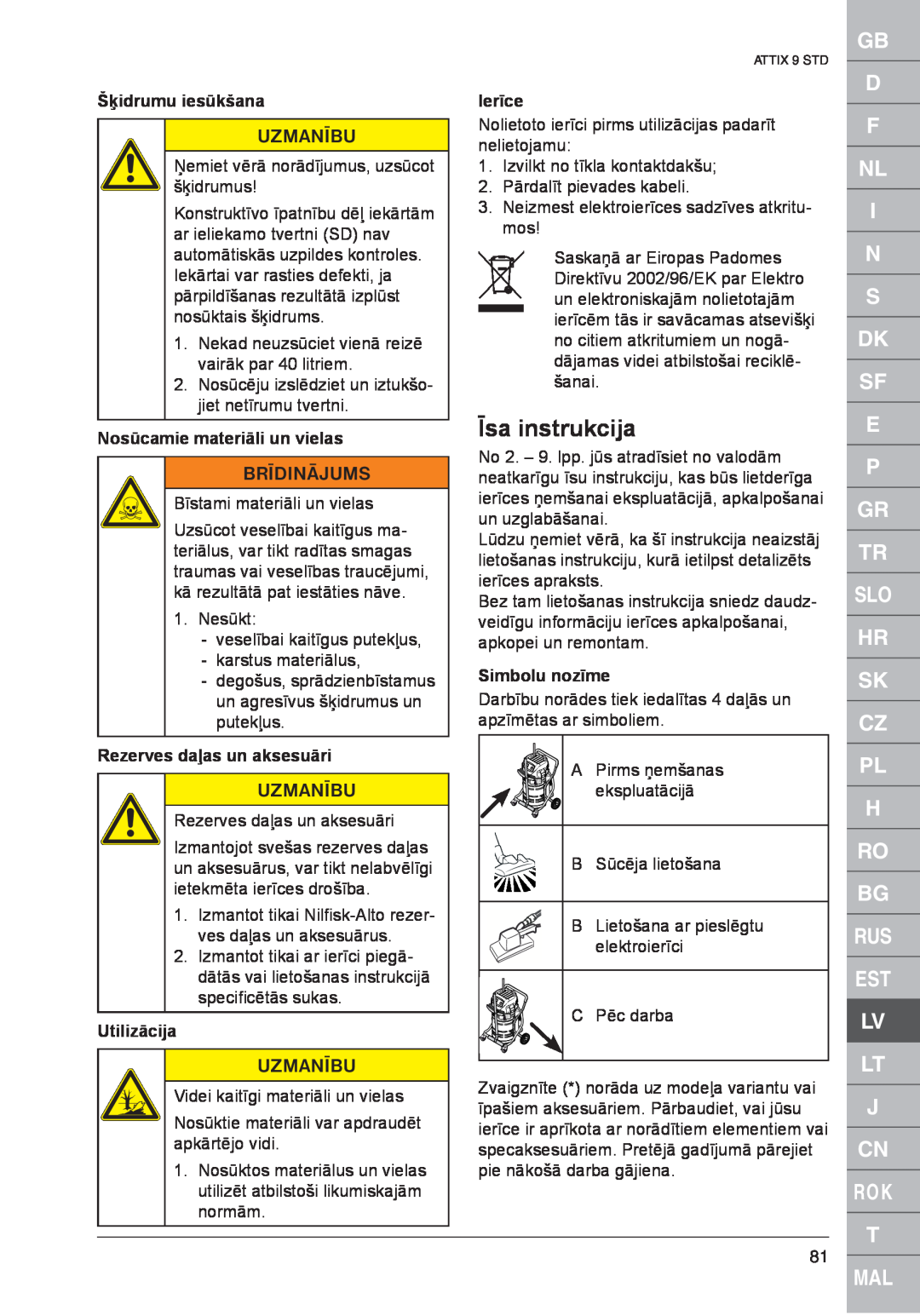 Nilfisk-ALTO ATTIX 961-01 Īsa instrukcija, Šķidrumu iesūkšana, Nosūcamie materiāli un vielas, Rezerves daļas un aksesuāri 