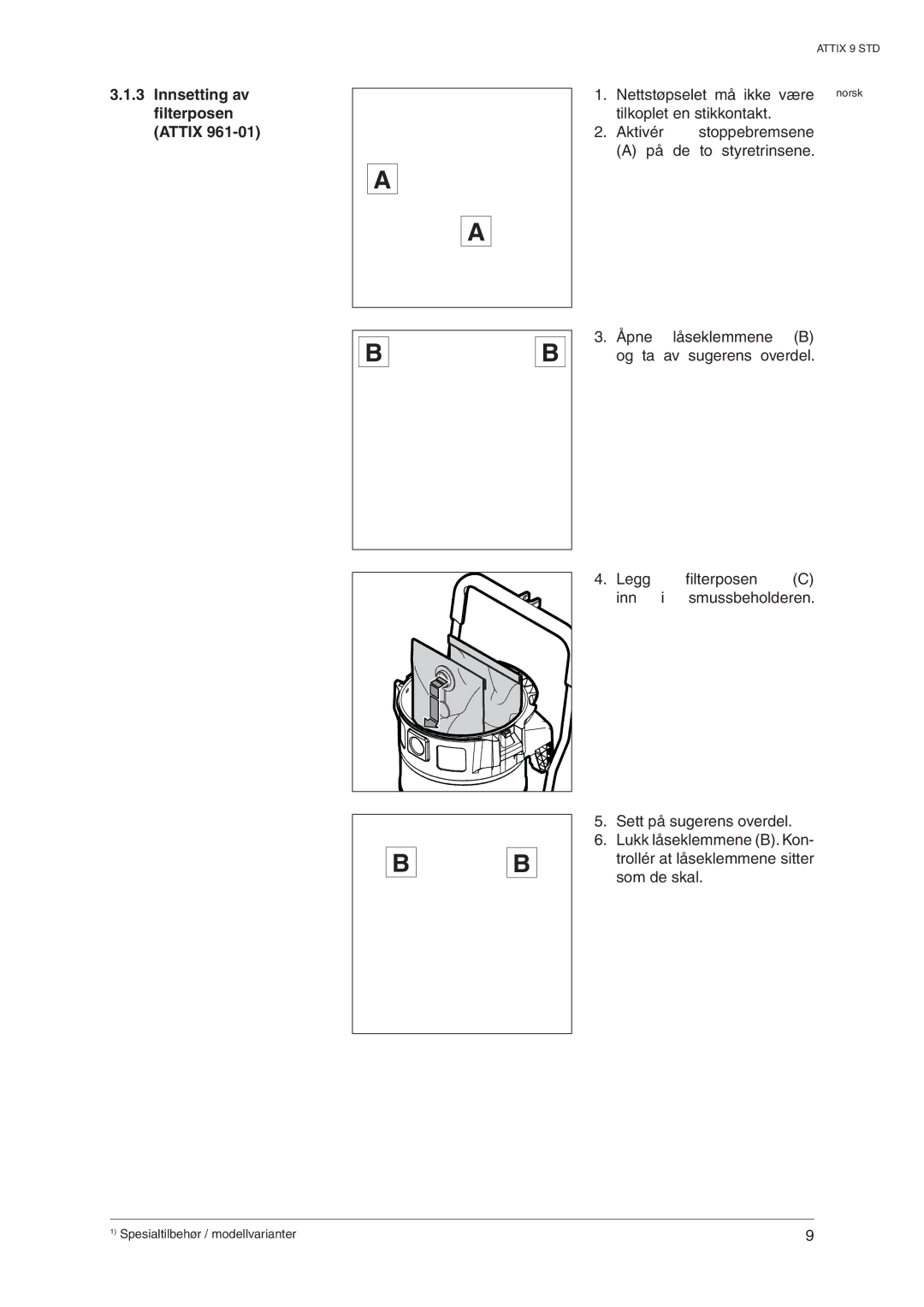 Nilfisk-ALTO 965-21 SD XC, 963-21 ED XC manual Innsetting av filterposen Attix 