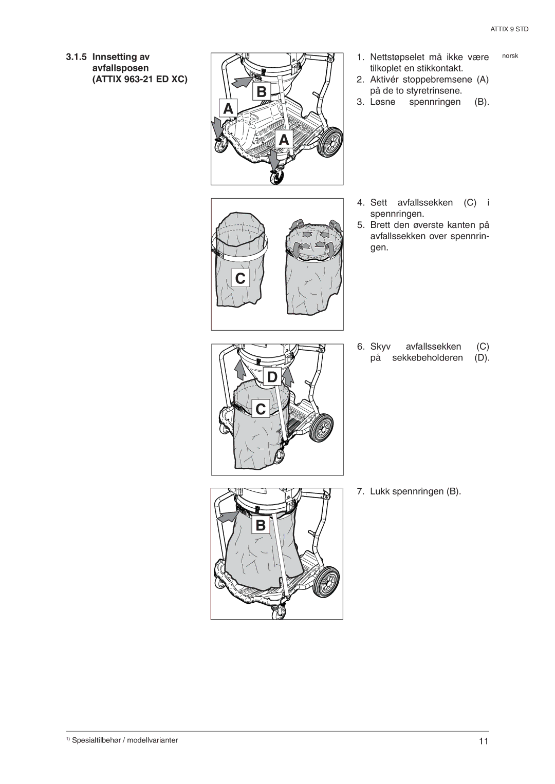 Nilfisk-ALTO 965-21 SD XC manual Innsetting av avfallsposen Attix 963-21 ED XC 