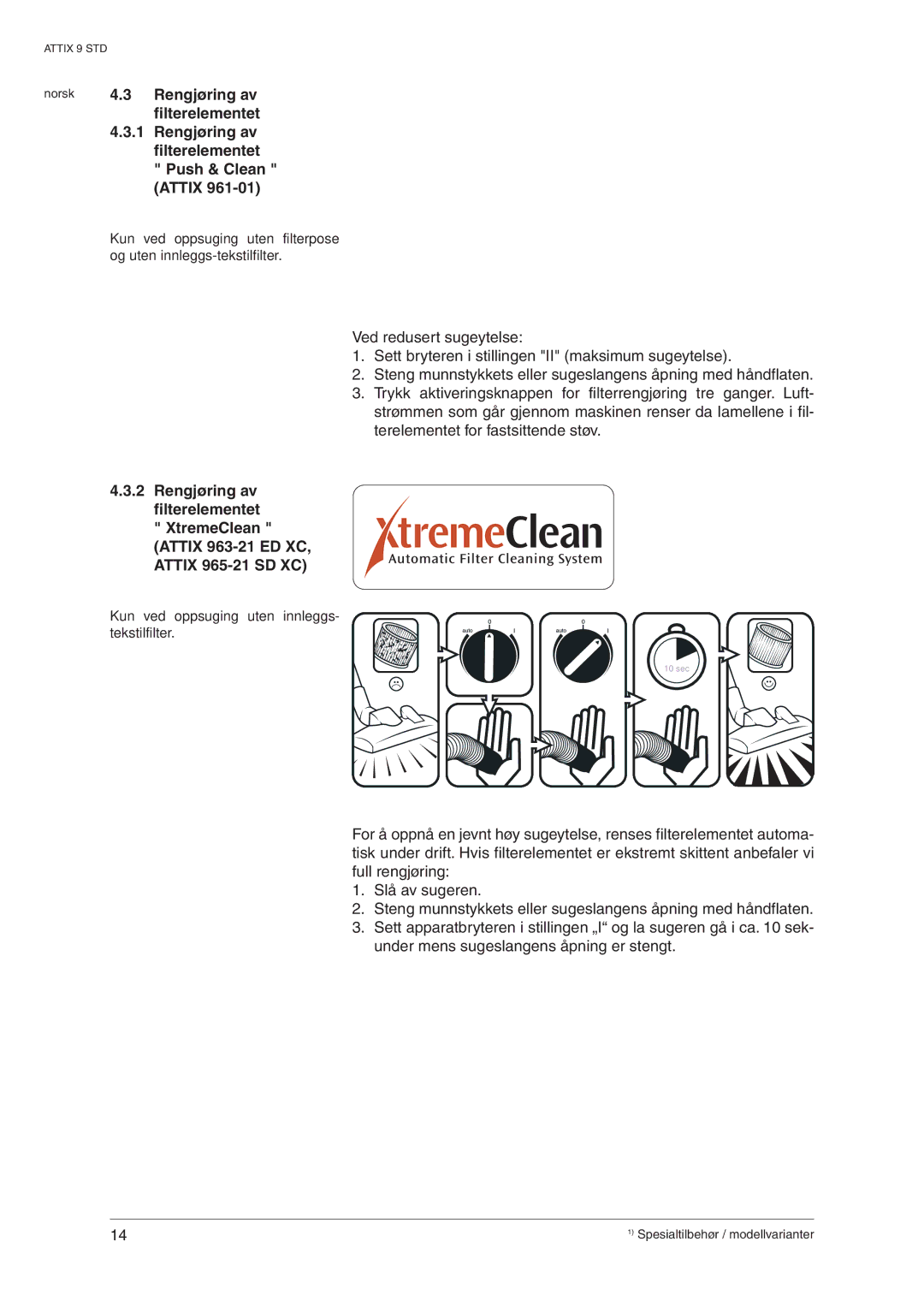 Nilfisk-ALTO 963-21 ED XC, 965-21 SD XC manual Rengjøring av, Filterelementet, Push & Clean 