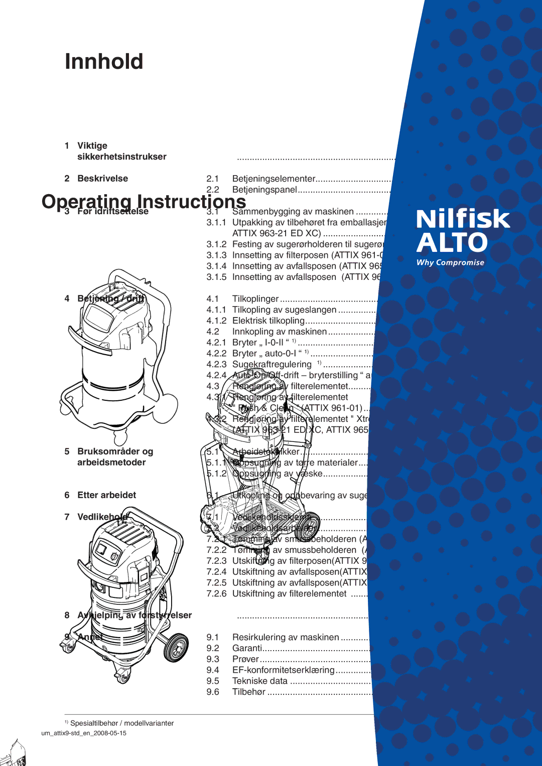 Nilfisk-ALTO 965-21 SD XC, 963-21 ED XC manual Innhold 