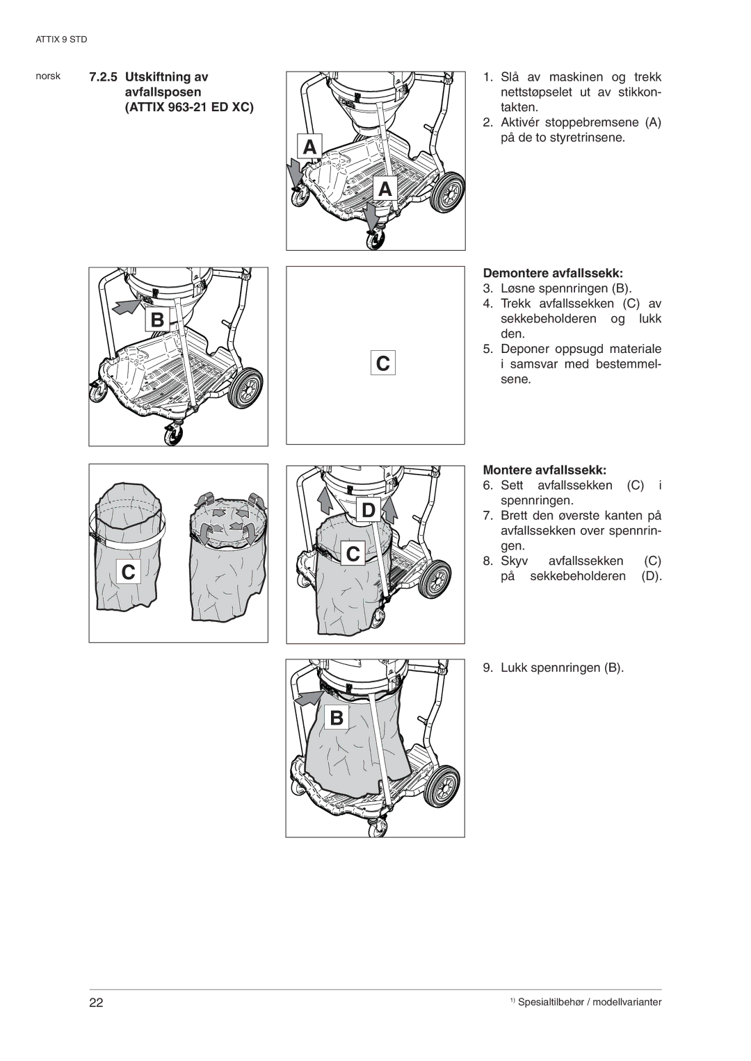 Nilfisk-ALTO 965-21 SD XC manual Attix 963-21 ED XC, Demontere avfallssekk, Montere avfallssekk 