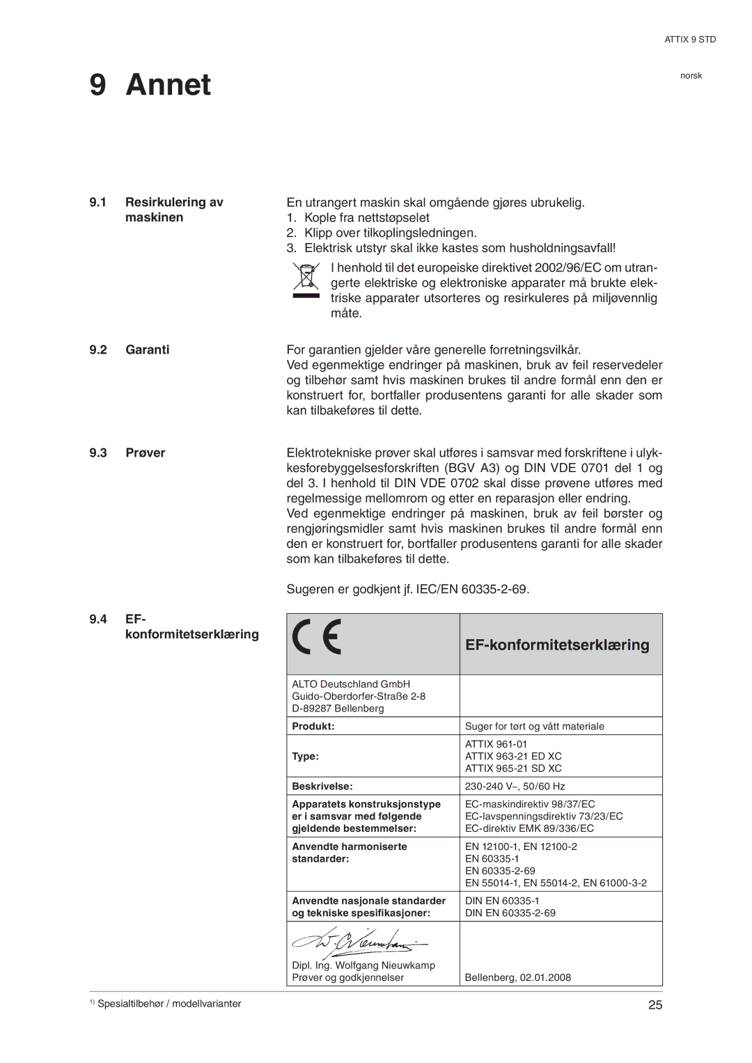 Nilfisk-ALTO 965-21 SD XC, 963-21 ED XC manual Annet, Resirkulering av, Garanti, Prøver, Konformitetserklæring 