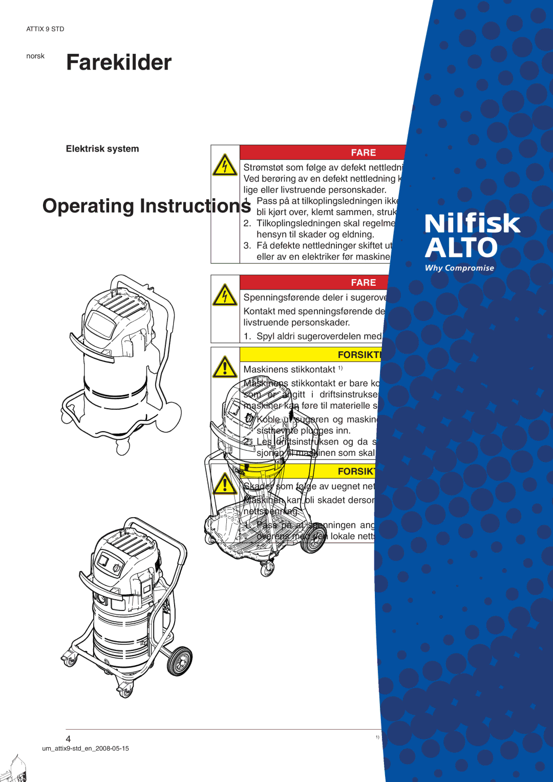 Nilfisk-ALTO 963-21 ED XC, 965-21 SD XC manual Norsk Farekilder, Elektrisk system 