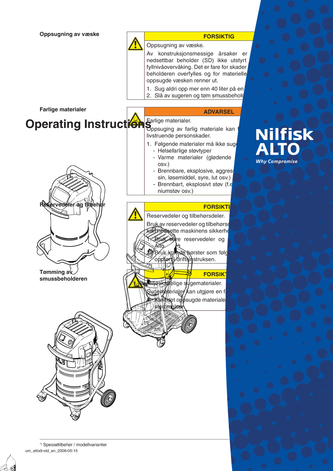 Nilfisk-ALTO 965-21 SD XC, 963-21 ED XC manual Oppsugning av væske 