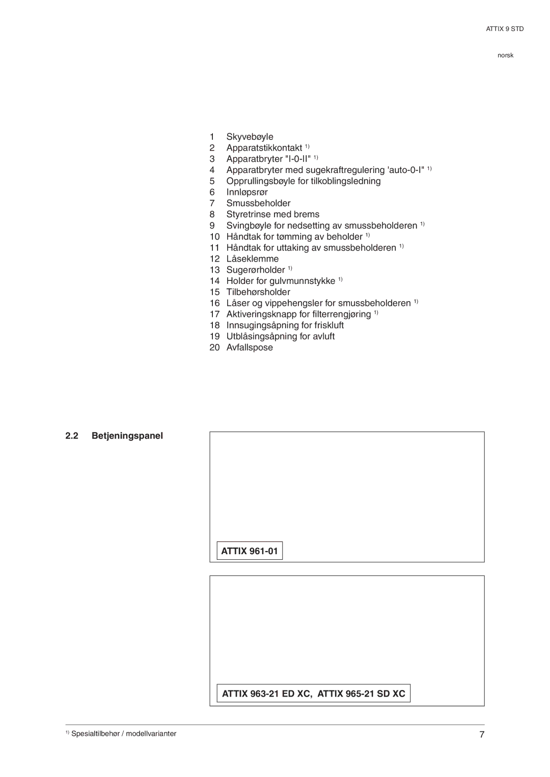 Nilfisk-ALTO manual Betjeningspanel Attix Attix 963-21 ED XC, Attix 965-21 SD XC 